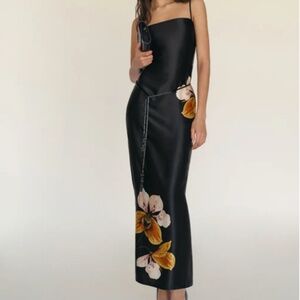 Reformation: Frankie Silk Dress/ balck / Painted Orchid Placement  New With Tag